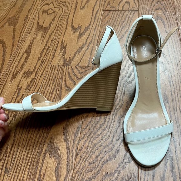 Express White and Tan High Wedges with Thin Toe and Ankle Straps - Picture 1 of 7